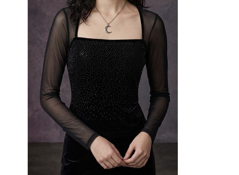Vintage 90s Robbie Bee Black Velvet Sheer Mesh Beaded Sequin Blouse Sz 12 Goth